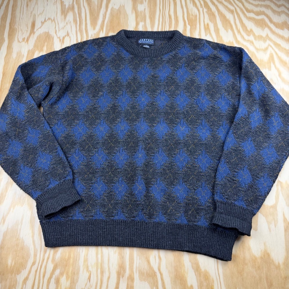 Vintage Jantzen Classics Mens L Blue Charcoal Grey Diamond Knit Crewneck Sweater